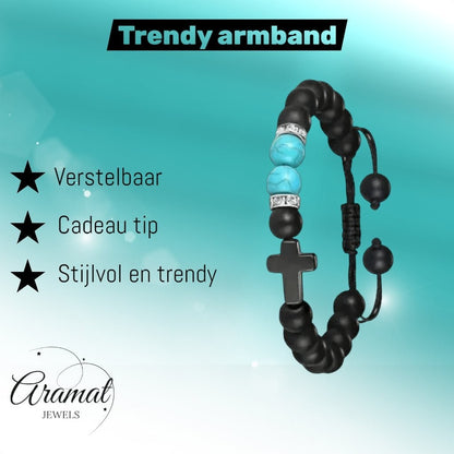 Verstelbare Zwarte Turkoois Armband - Aramat Jewels - Armbanden - cadeautip