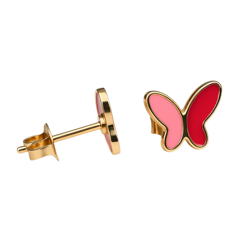 Vlinder oorbellen rood & roze – goudkleurig RVS - oor6072 - Oorbellen kopen# - 9mm - alles - cadeau