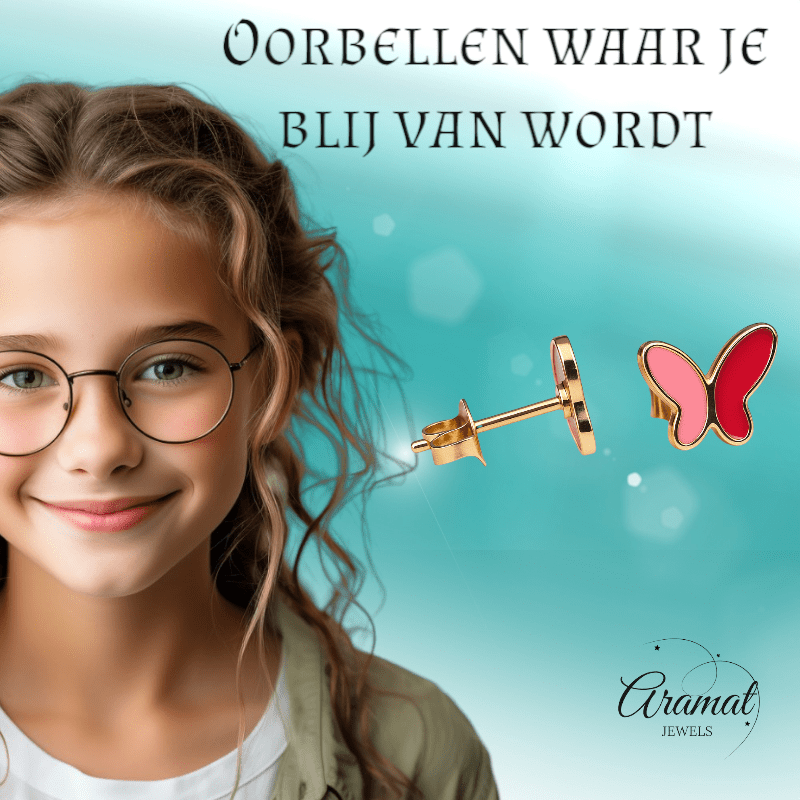 Vlinder oorbellen rood & roze – goudkleurig RVS - oor6072 - Oorbellen kopen# - 9mm - alles - cadeau