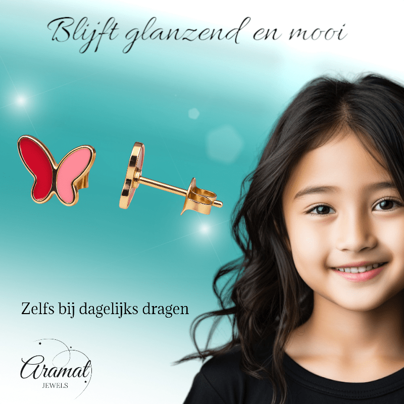 Vlinder oorbellen rood & roze – goudkleurig RVS - oor6072 - Oorbellen kopen# - 9mm - alles - cadeau