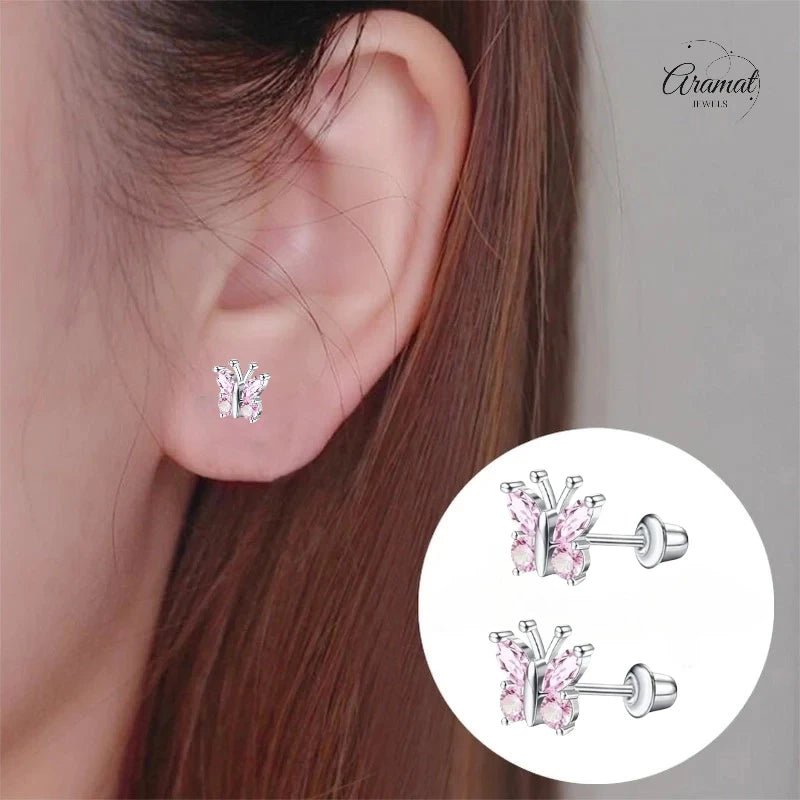 Vlinder Oorbellen RVS - Roze Zirkonia 8mm - schroefsluiting - oor6277 - 72446 - Oorbellen kopen# - 8mm - alles - cadeau