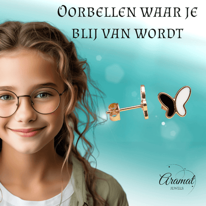 Vlinder oorbellen zwart & wit – goudkleurig RVS - oor6070 - Oorbellen kopen# - 9mm - alles - cadeau