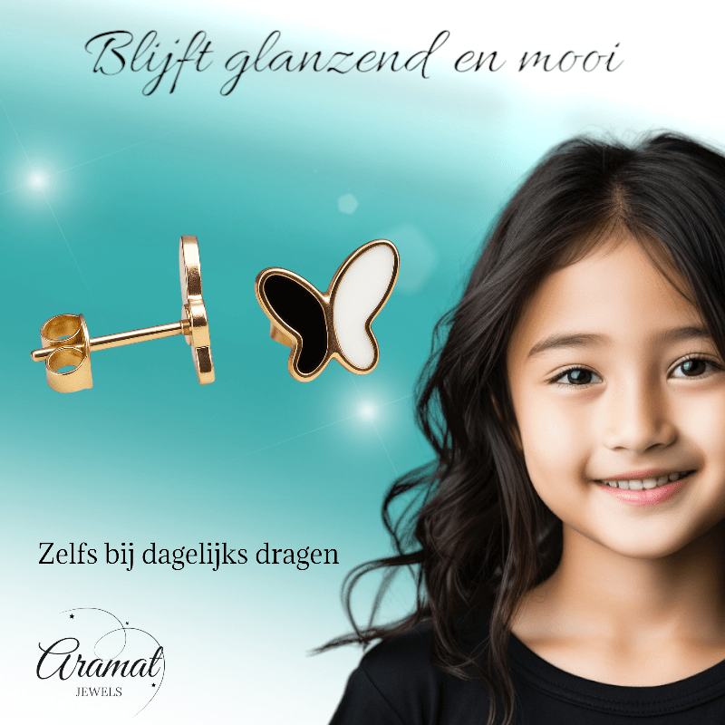 Vlinder oorbellen zwart & wit – goudkleurig RVS - oor6070 - Oorbellen kopen# - 9mm - alles - cadeau