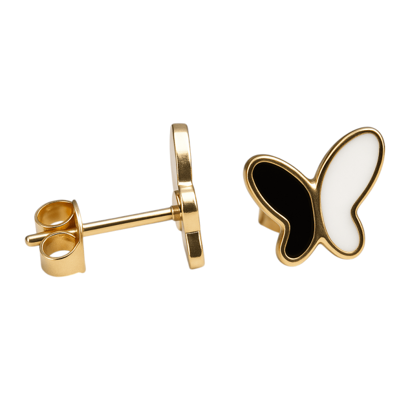 Vlinder oorbellen zwart & wit – goudkleurig RVS - oor6070 - Oorbellen kopen# - 9mm - alles - cadeau
