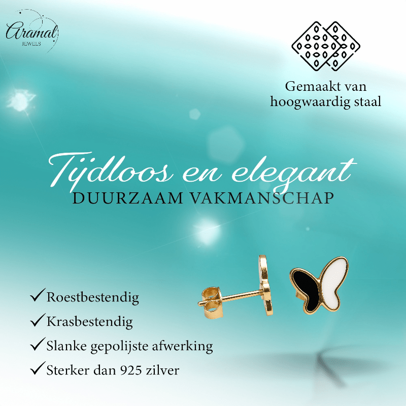Vlinder oorbellen zwart & wit – goudkleurig RVS - oor6070 - Oorbellen kopen# - 9mm - alles - cadeau