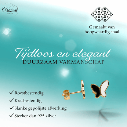 Vlinder oorbellen zwart & wit – goudkleurig RVS - oor6070 - Oorbellen kopen# - 9mm - alles - cadeau