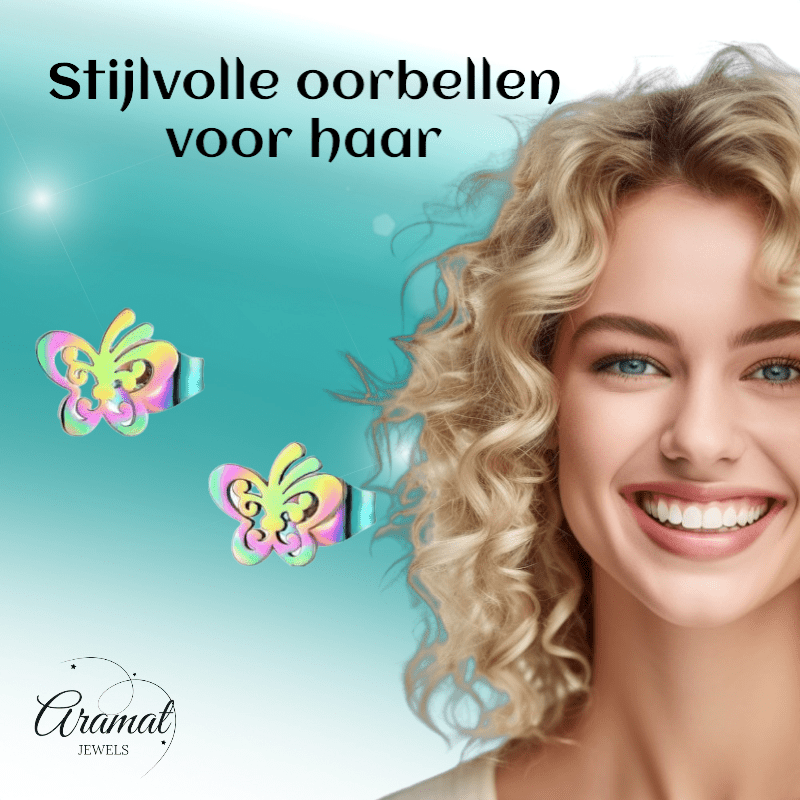 Vlinder oorstekers multikleur staal – 8x9mm open - Aramat Jewels - Oorbellen - cadeautip
