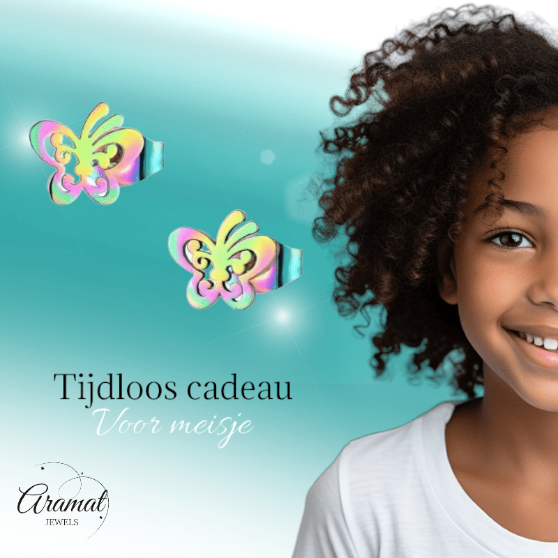 Vlinder oorstekers multikleur staal – 8x9mm open - Aramat Jewels - Oorbellen - cadeautip