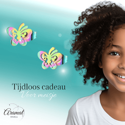 Vlinder oorstekers multikleur staal – 8x9mm open - Aramat Jewels - Oorbellen - cadeautip