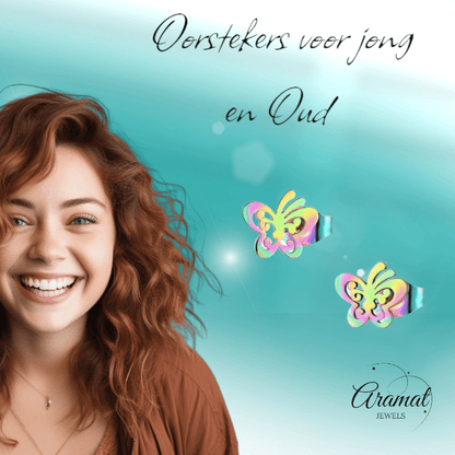Vlinder oorstekers multikleur staal – 8x9mm open - Aramat Jewels - Oorbellen - cadeautip