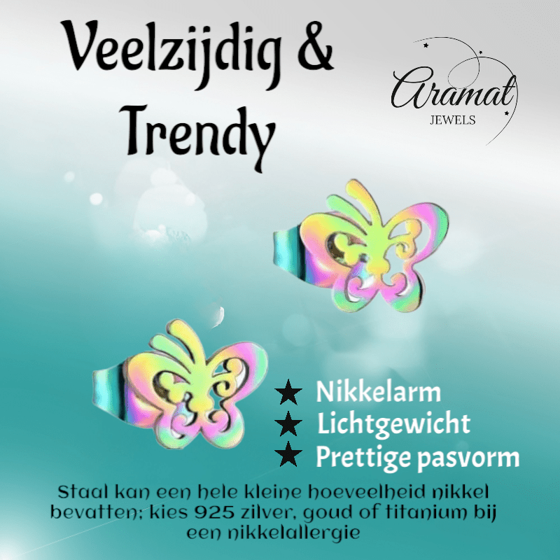 Vlinder oorstekers multikleur staal – 8x9mm open - Aramat Jewels - Oorbellen - cadeautip