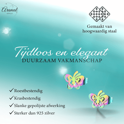 Vlinder oorstekers multikleur staal – 8x9mm open - Aramat Jewels - Oorbellen - cadeautip