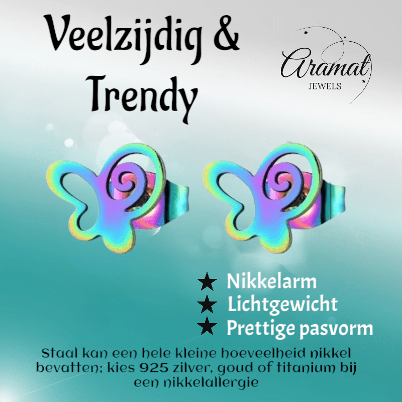 Vlinder oorstekers multikleur staal – 9mm open - Aramat Jewels - Oorbellen - cadeautip