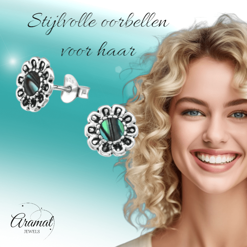 Zilveren Abalone Bloem Oorbellen 9 mm - oor972 - 30785 - Oorbellen kopen# - 925 Zilver - 9mm - Abalone