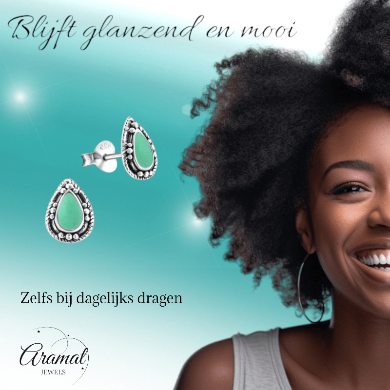 Zilveren Bali Druppel Oorbellen – 9x6mm – Geoxideerd Emaille-Oorbellen uniseks -925 Zilver-9mm-cadeau