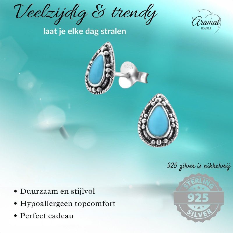 Zilveren Bali Druppel Oorbellen – 9x6mm – Geoxideerd Emaille-Oorbellen uniseks -925 Zilver-9mm-cadeau