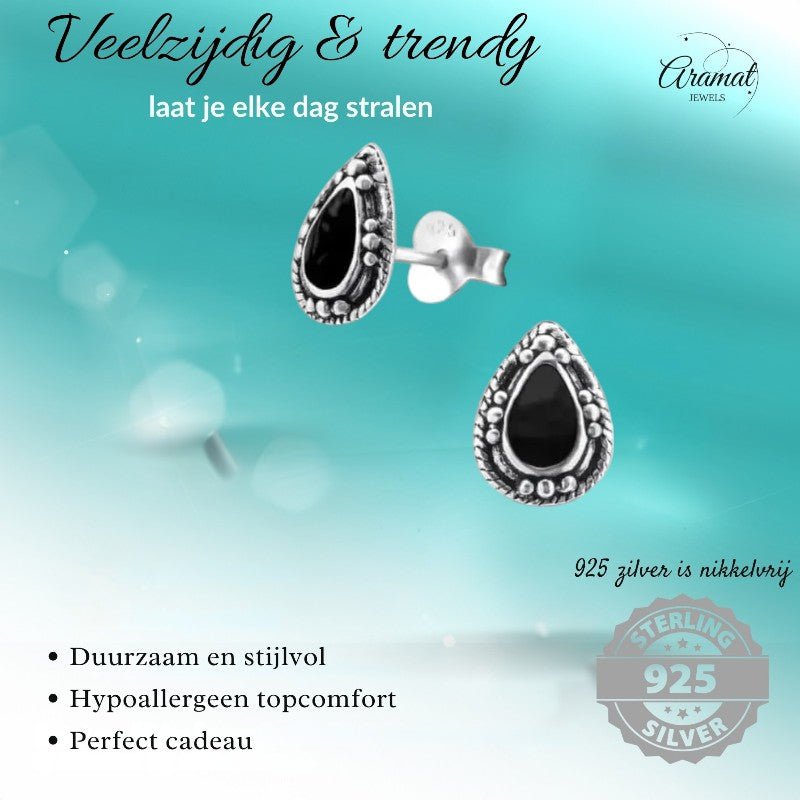 Zilveren Bali Druppel Oorbellen – 9x6mm – Geoxideerd Emaille-Oorbellen uniseks -925 Zilver-9mm-cadeau