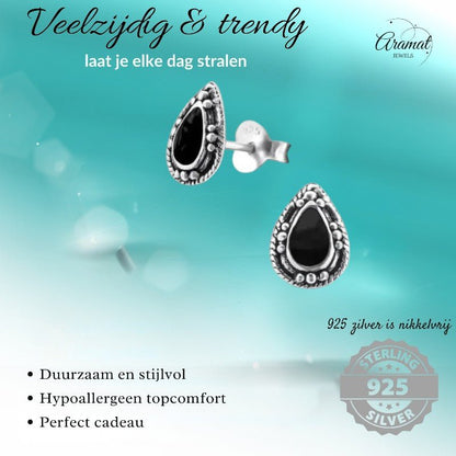 Zilveren Bali Druppel Oorbellen – 9x6mm – Geoxideerd Emaille-Oorbellen uniseks -925 Zilver-9mm-cadeau