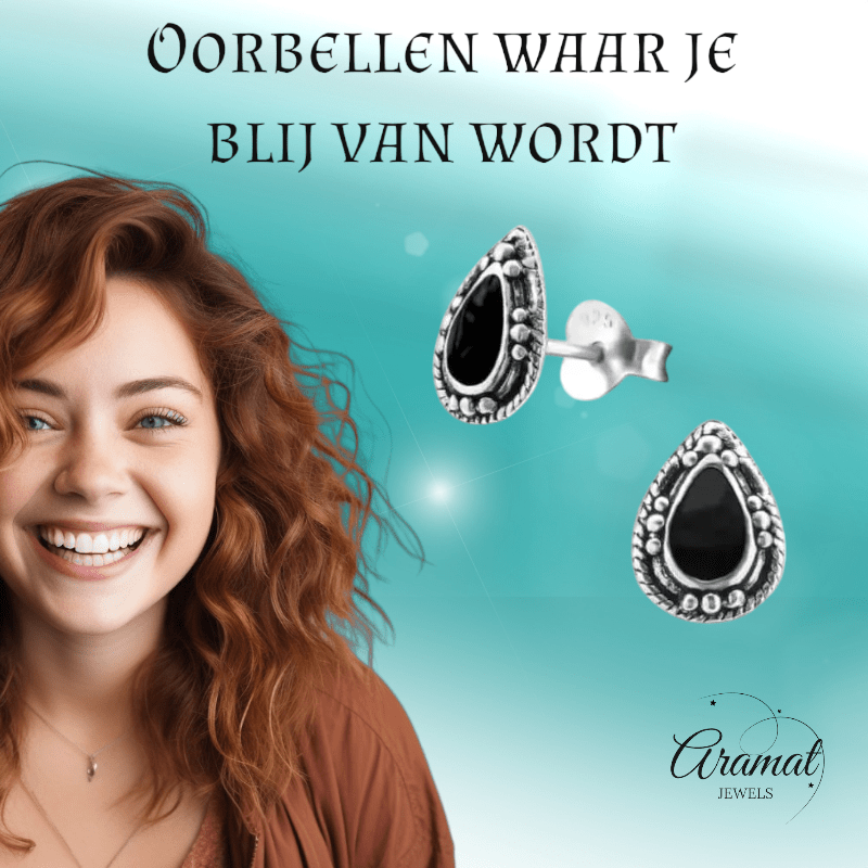 Zilveren Bali Druppel Oorbellen – 9x6mm – Geoxideerd Emaille-Oorbellen uniseks -925 Zilver-9mm-cadeau