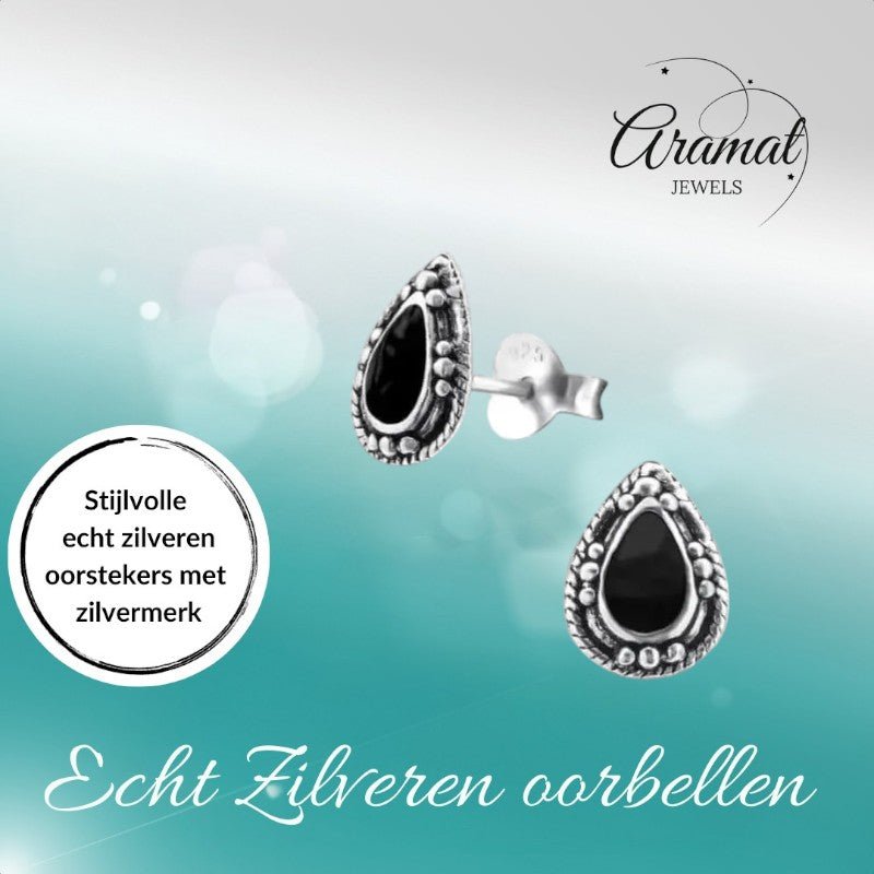 Zilveren Bali Druppel Oorbellen – 9x6mm – Geoxideerd Emaille-Oorbellen uniseks -925 Zilver-9mm-cadeau