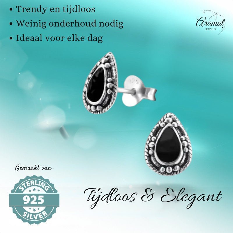 Zilveren Bali Druppel Oorbellen – 9x6mm – Geoxideerd Emaille-Oorbellen uniseks -925 Zilver-9mm-cadeau