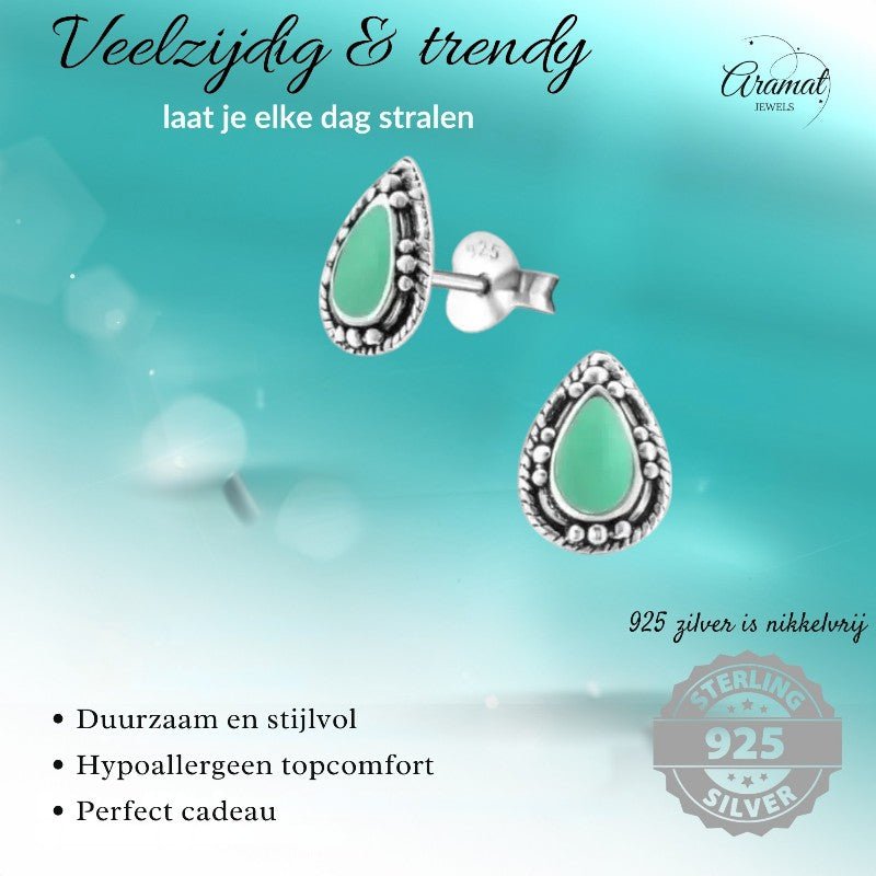 Zilveren Bali Druppel Oorbellen – 9x6mm – Geoxideerd Emaille-Oorbellen uniseks -925 Zilver-9mm-cadeau