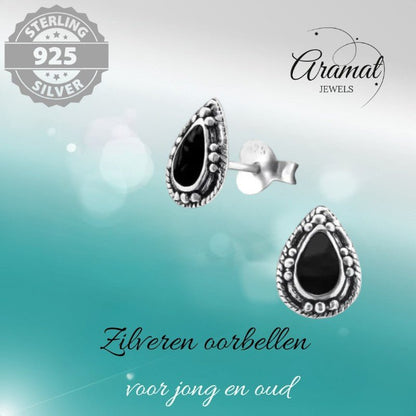 Zilveren Bali Druppel Oorbellen – 9x6mm – Geoxideerd Emaille-Oorbellen uniseks -925 Zilver-9mm-cadeau