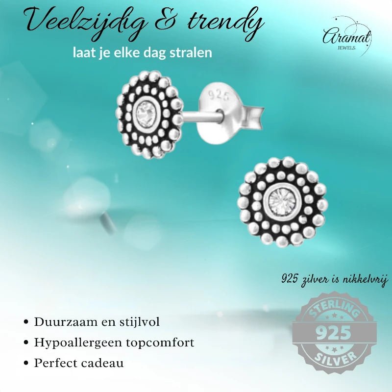 Zilveren Bali Oorbellen met Kristal – 6mm - oor704 - 32917 - Oorbellen kopen# - 6mm - 925 Zilver - alles