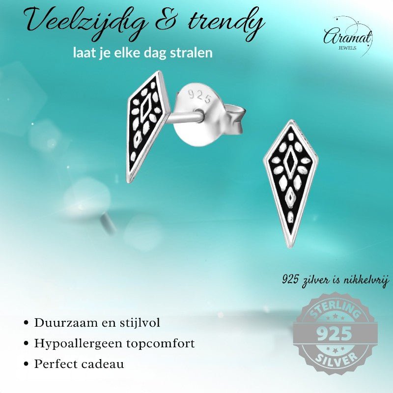 Zilveren Bali Oorbellen - Puntig Geoxideerd - oor844 - 35408 - Oorbellen kopen# - 925 Zilver - 9mm