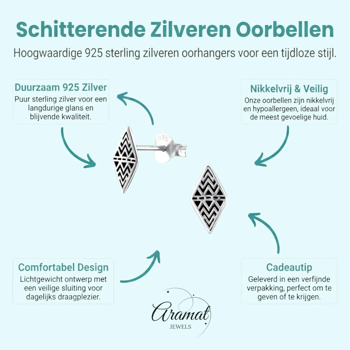 Zilveren Bali Oorbellen Ruit - Geoxideerd Motief - Aramat Jewels - Oorbellen - cadeautip