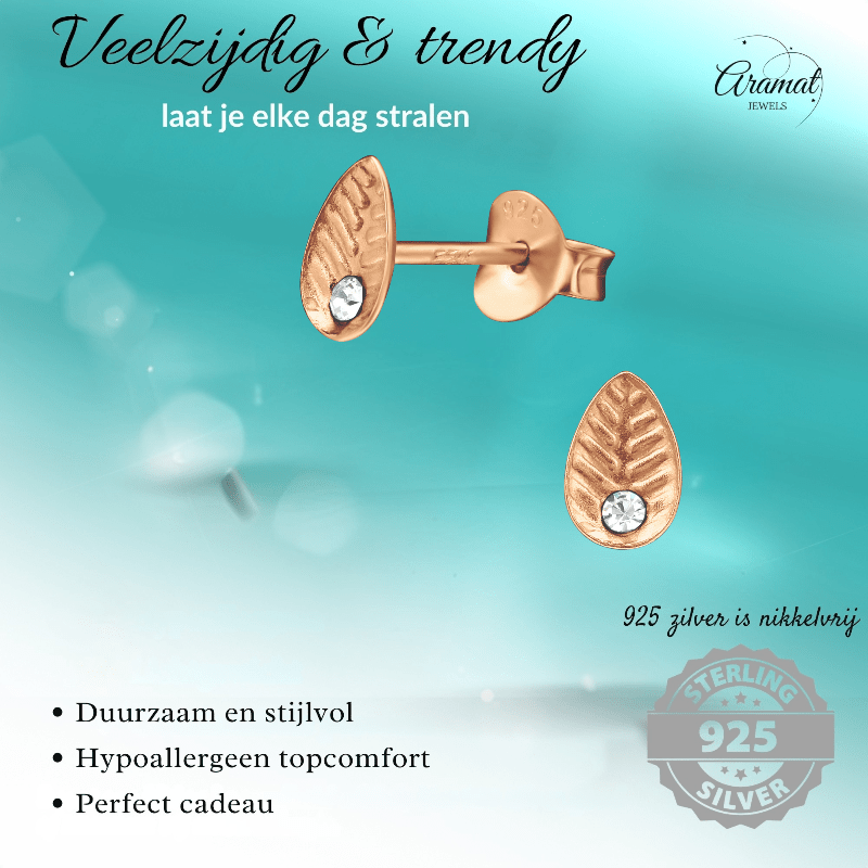 Zilveren Blaadje Oorbellen Rosé/Kristal – 6x4mm - Aramat Jewels - Oorbellen - cadeautip