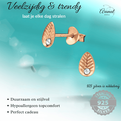 Zilveren Blaadje Oorbellen Rosé/Kristal – 6x4mm - Aramat Jewels - Oorbellen - cadeautip