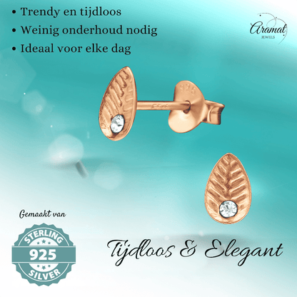 Zilveren Blaadje Oorbellen Rosé/Kristal – 6x4mm - Aramat Jewels - Oorbellen - cadeautip