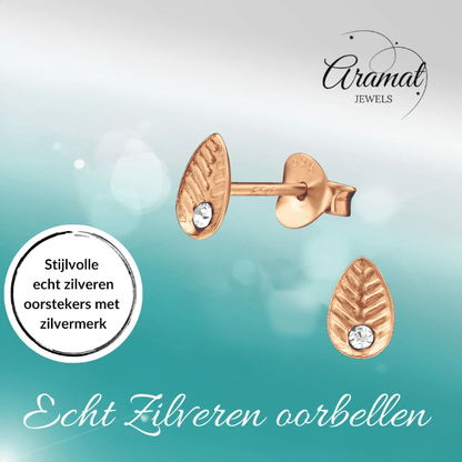 Zilveren Blaadje Oorbellen Rosé/Kristal – 6x4mm - Aramat Jewels - Oorbellen - cadeautip