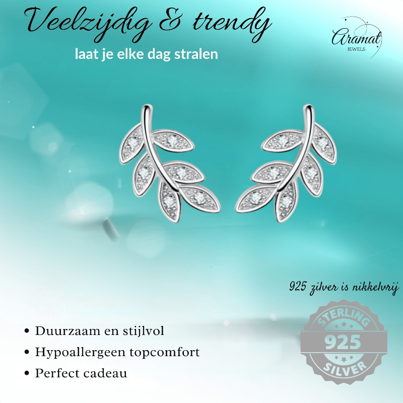 Zilveren Blaadje Oorbellen Zirkonia – 9x6mm - Aramat Jewels - Oorbellen - cadeautip