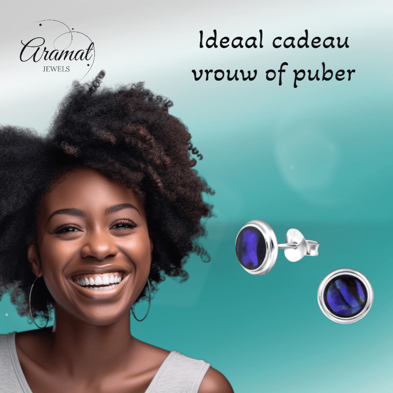 Zilveren Blauwe Abalone Damesoorbellen 8 mm - oor4760 - 30896 - Oorbellen kopen# - 8mm - 925 Zilver - Abalone