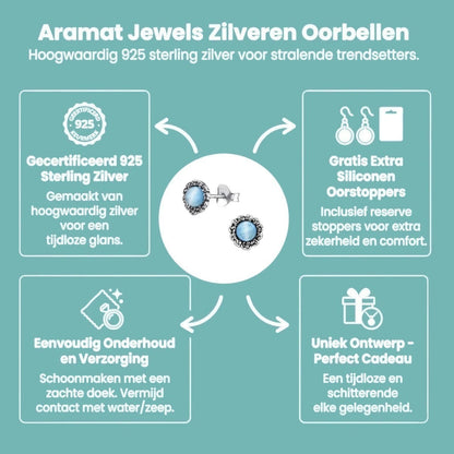 Zilveren Bloem Oorbellen met Kattenoog blauw - Aramat Jewels - Oorbellen - cadeautip