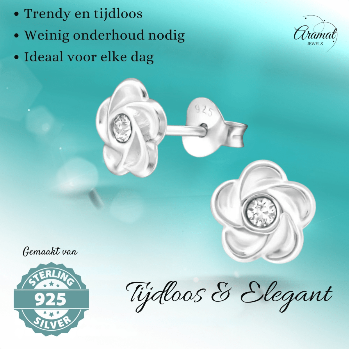 Zilveren bloem oorbellen met transparant kristal - Aramat Jewels - Oorbellen - cadeautip