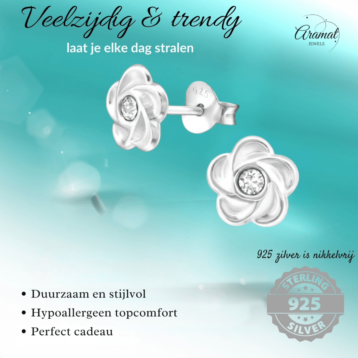 Zilveren bloem oorbellen met transparant kristal - Aramat Jewels - Oorbellen - cadeautip