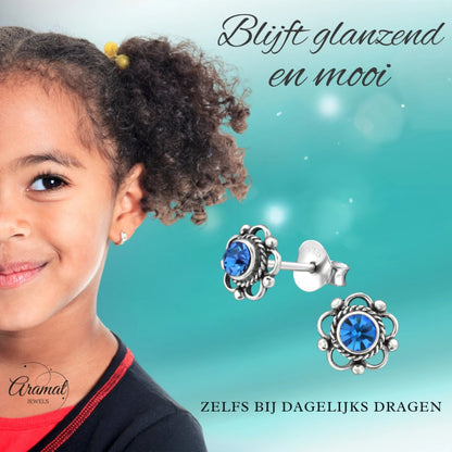 Zilveren Bloemoorbellen Blauw 7 mm - oor3383 - 30072 - Oorbellen kopen# - 7mm - 925 Zilver - alles