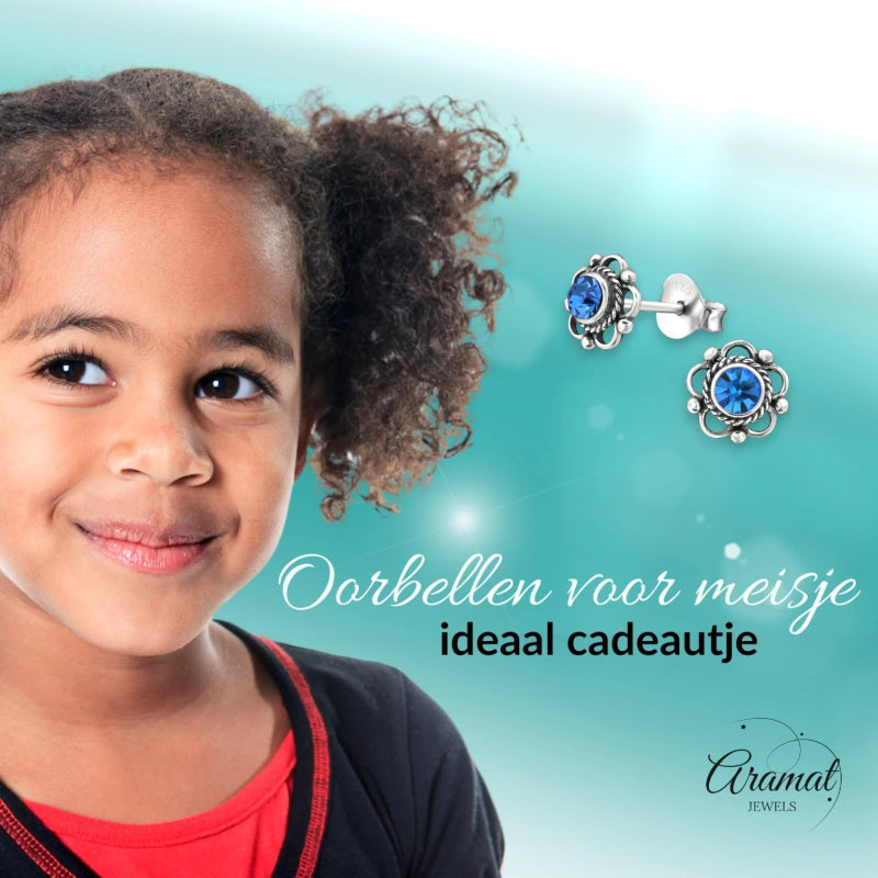 Zilveren Bloemoorbellen Blauw 7 mm - oor3383 - 30072 - Oorbellen kopen# - 7mm - 925 Zilver - alles