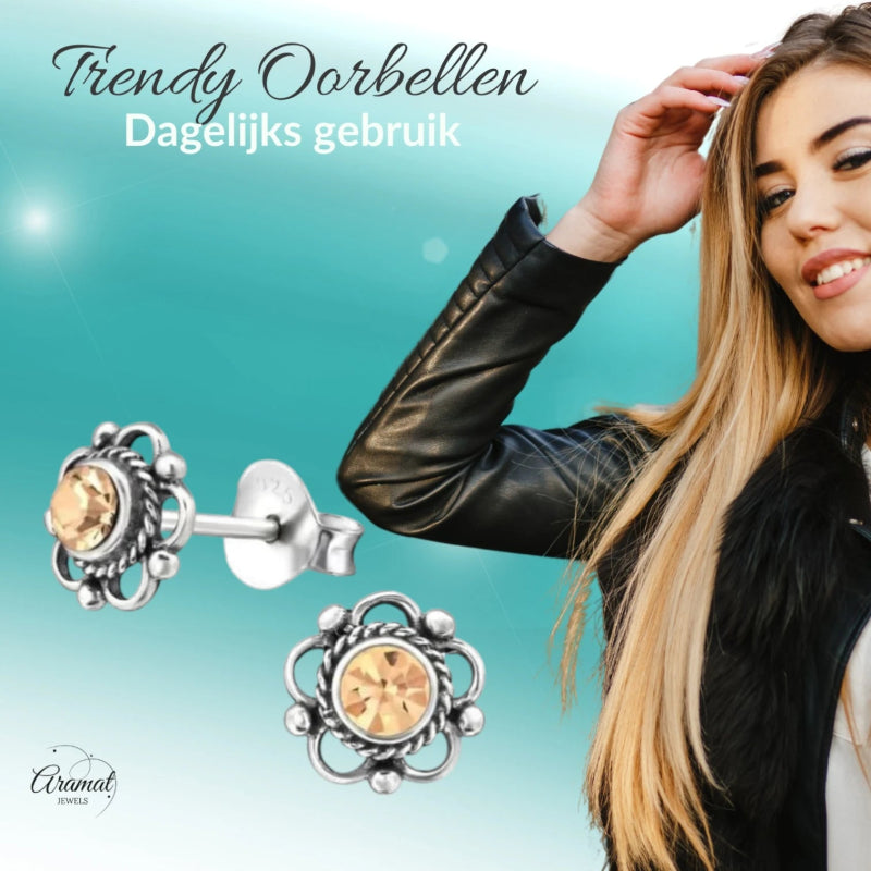 Zilveren Bloemoorbellen Oranje 7 mm - oor1288 - 30072 - Oorbellen kopen# - 7mm - 925 Zilver - alles
