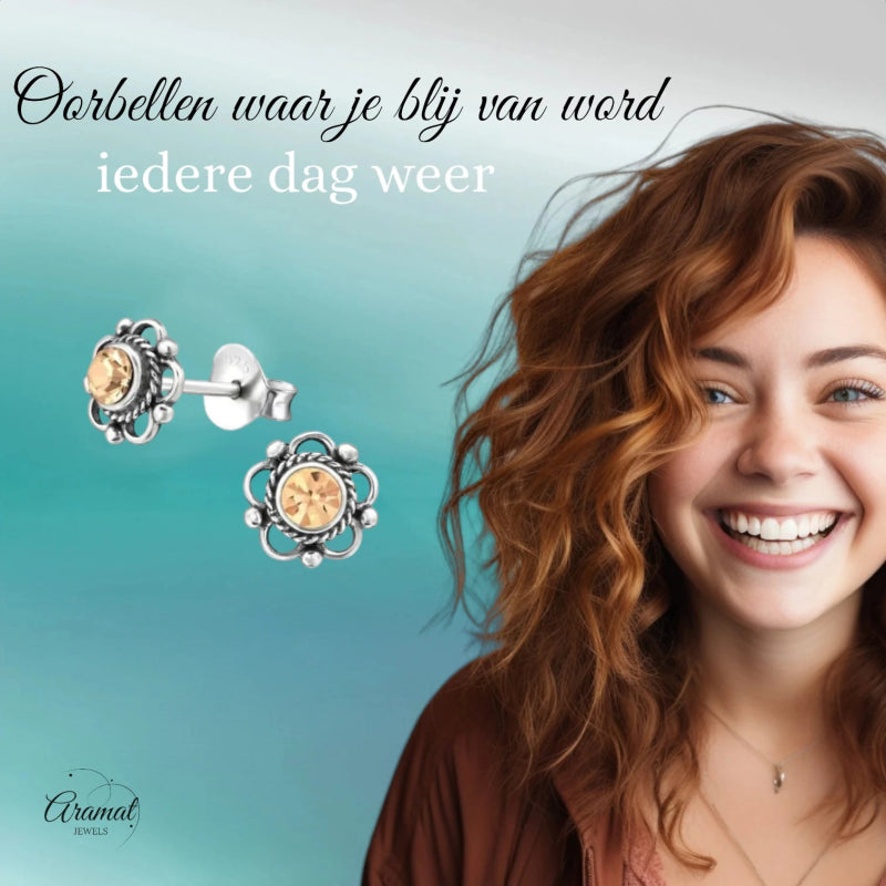 Zilveren Bloemoorbellen Oranje 7 mm - oor1288 - 30072 - Oorbellen kopen# - 7mm - 925 Zilver - alles
