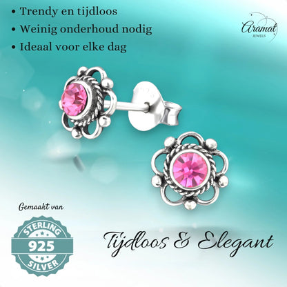Zilveren Bloemoorbellen Roze 7 mm - oor1873 - 30072 - Oorbellen kopen# - 7mm - 925 Zilver - alles