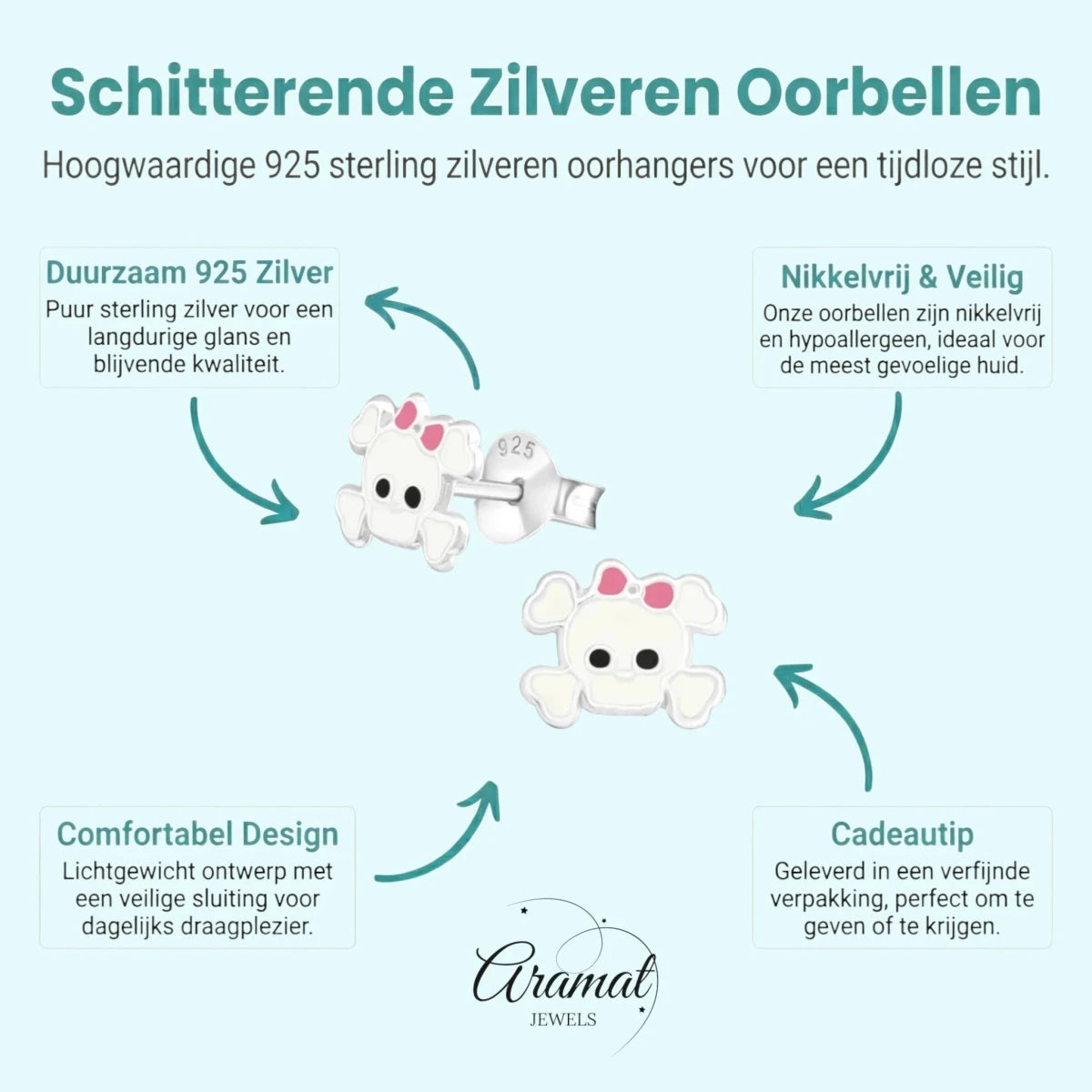 Zilveren Doodskop Oorbellen Wit 8x6 mm - Aramat Jewels - Oorbellen - cadeautip