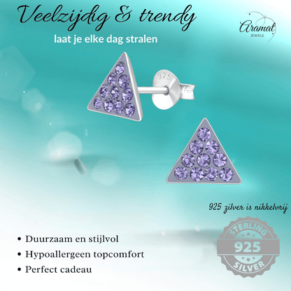 Zilveren driehoek oorbellen lavendel kristal - Aramat Jewels - Oorbellen - cadeautip