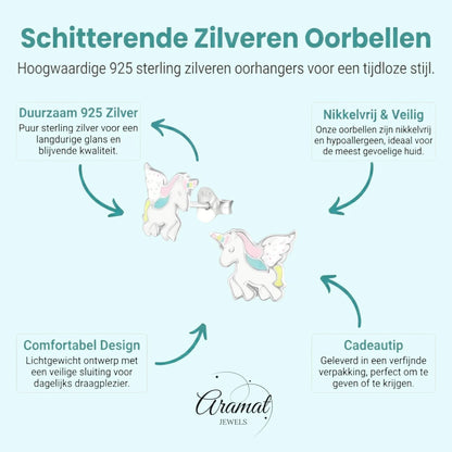 Zilveren Eenhoorn Kinderoorbellen - Unicorn Geschenk - Aramat Jewels - Oorbellen - cadeautip