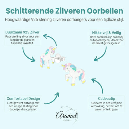 Zilveren Eenhoorn Oorbellen - Kleurrijk Cadeau Meisje - Aramat Jewels - Oorbellen - cadeautip