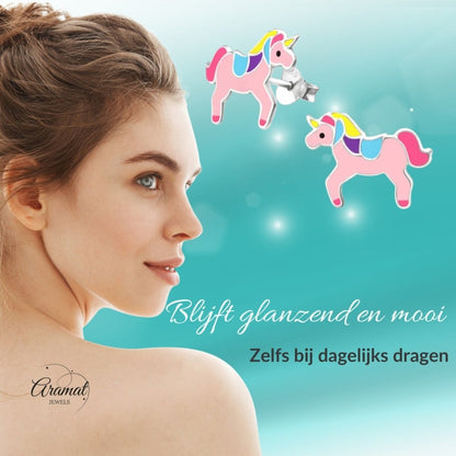 Zilveren Eenhoorn Oorbellen Roze - Cadeautje voor Meisje - Aramat Jewels - Oorbellen - cadeautip