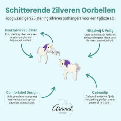 Zilveren Eenhoorn Oorbellen - Unicorn - 9mm - wit - paars - Aramat Jewels - Oorbellen - cadeautip